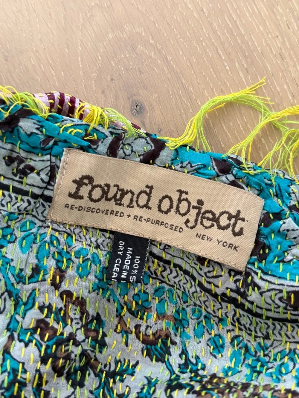 Found Object New York Reversible Silk Kantha Fringe Scarf Wrap Recycled Vintage